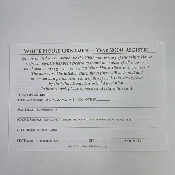 Christmas 2000 The White House Historical 200th Anniversary Ornament Box Certify - Picture 10 of 10